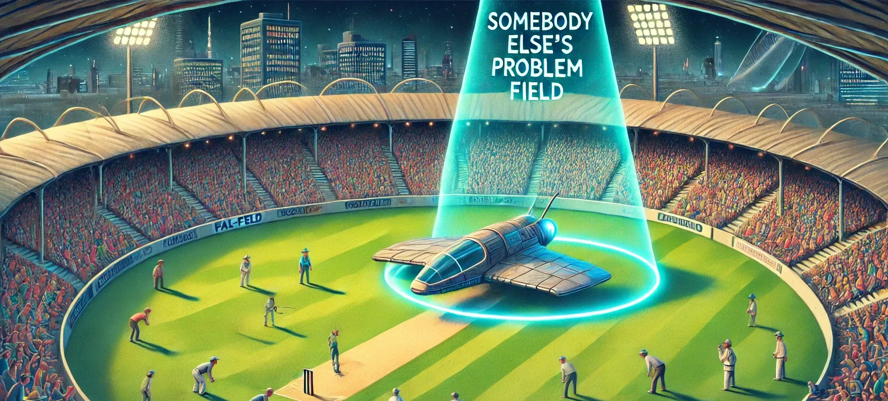 Raumschiff mitten im Lords Cricket Ground umgeben von einem PAL-Feld.